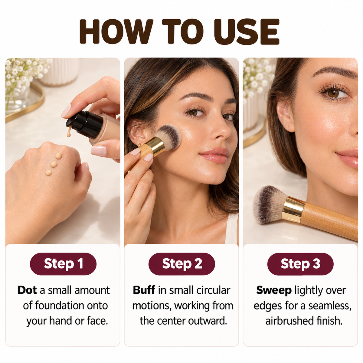 Three-panel makeup application guide titled 'HOW TO USE' showing steps for applying foundation: dotting a small amount on a hand, buffing in circular motions on a woman's cheek, and sweeping lightly over edges for a seamless finish.